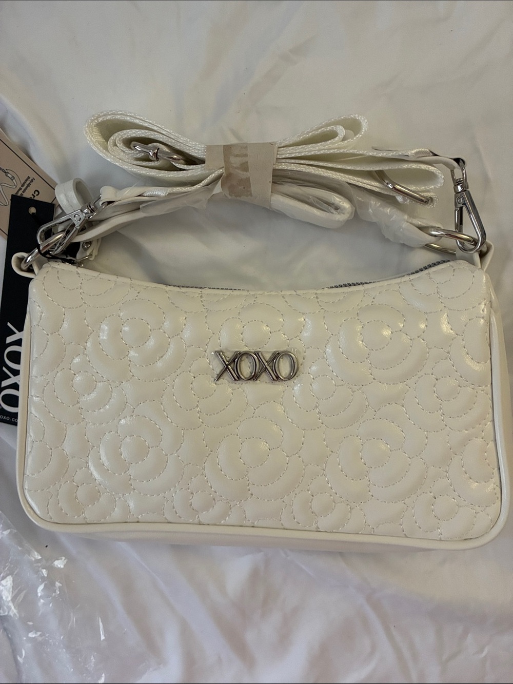 XOXO White Vegan Materials Quilted Patent Crossbody Bag with silver hardware